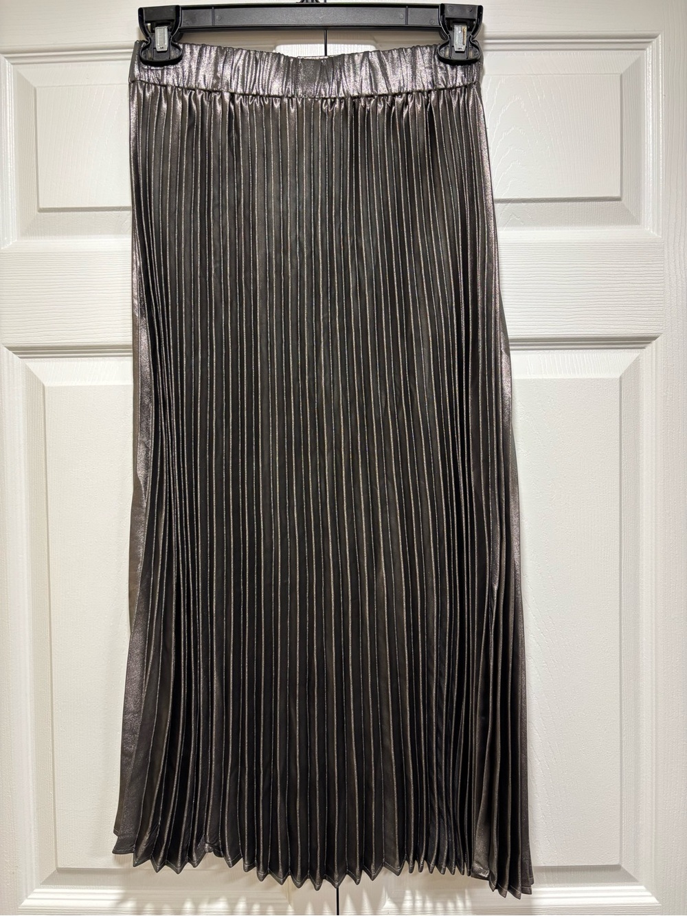 Metallic Pleated Midi Skirt Silver Pewter Shimmer Elastic Waist Size Small